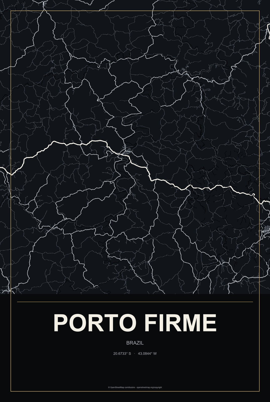 Porto Firme, Brazil City Map Aluminum Sign in Metropolitan Noir style