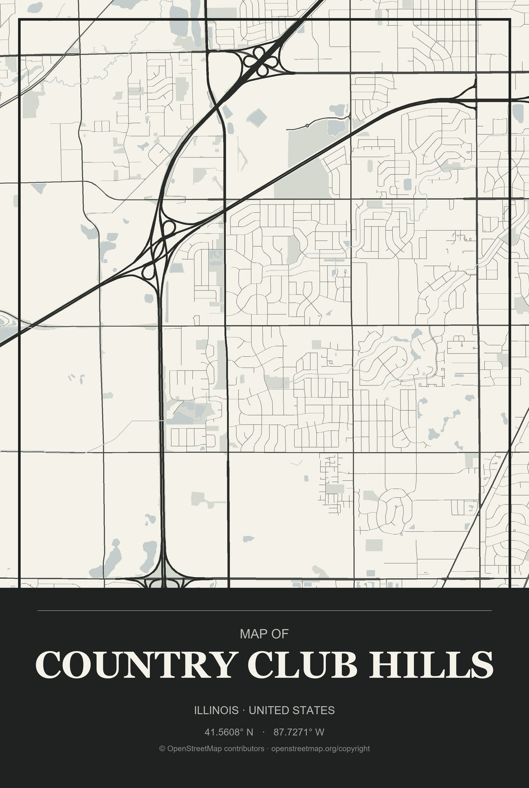 Country Club Hills, Illinois City Map Aluminum Sign in Museum Plaque style