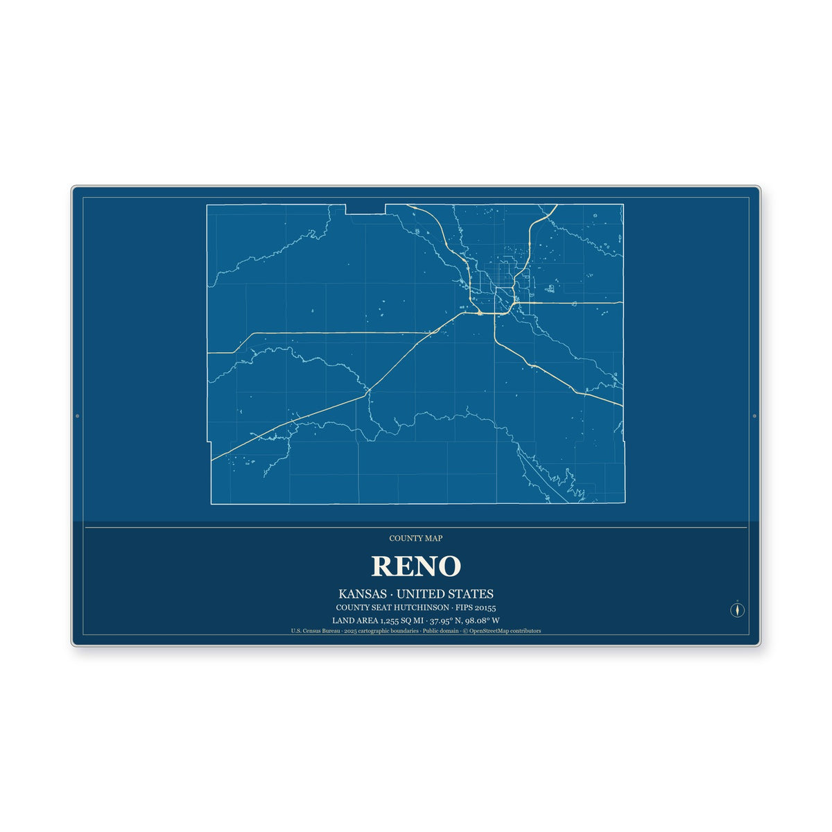 Reno County, Kansas Map Aluminum Sign in Harbor Cobalt style