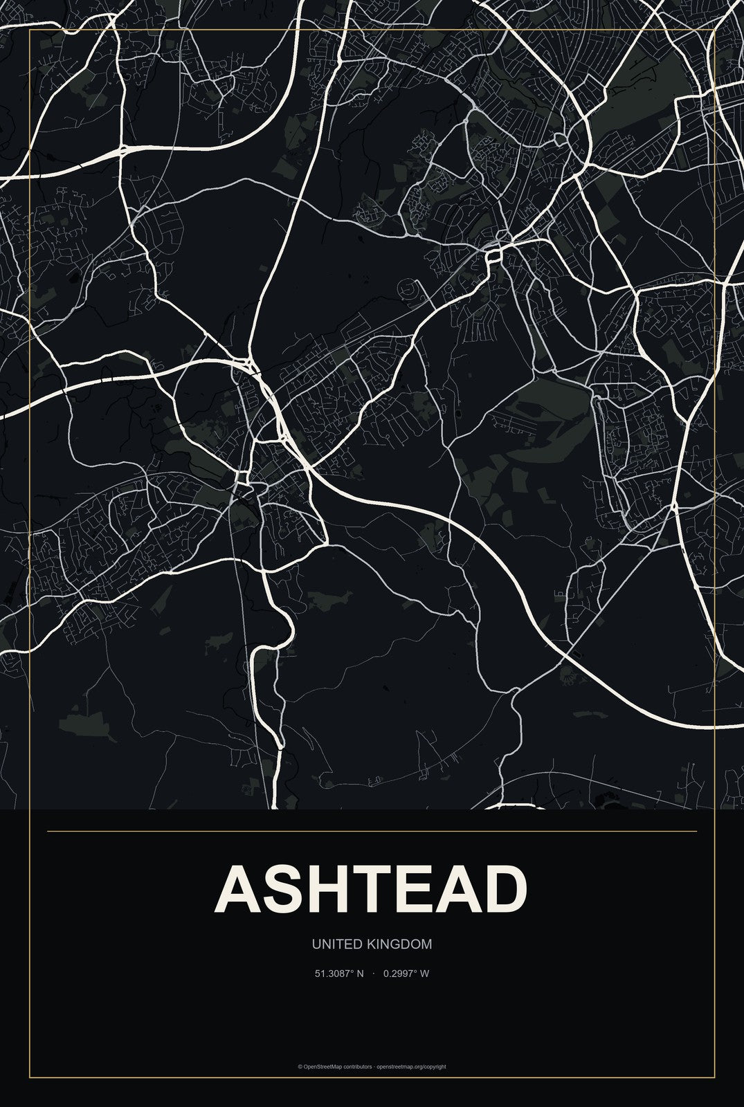 Ashtead, United Kingdom City Map Aluminum Sign in Metropolitan Noir style