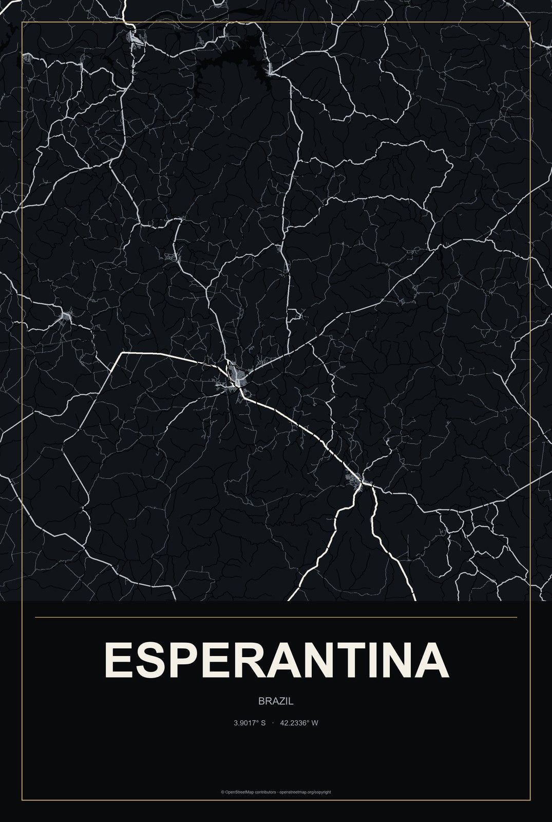Esperantina, Brazil City Map Aluminum Sign in Metropolitan Noir style