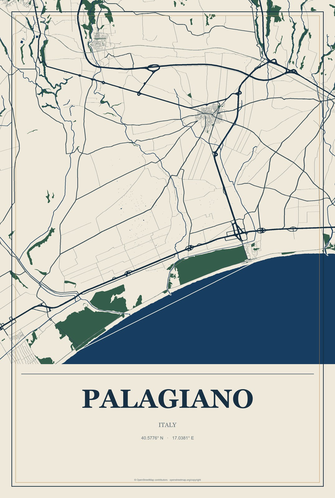 Palagiano, Italy City Map Aluminum Sign in Coastal Cutout style