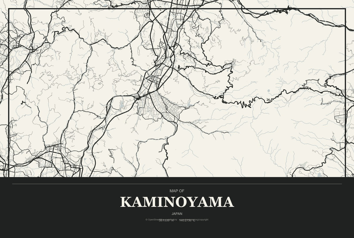 Kaminoyama, Japan City Map Aluminum Sign in Museum Plaque style