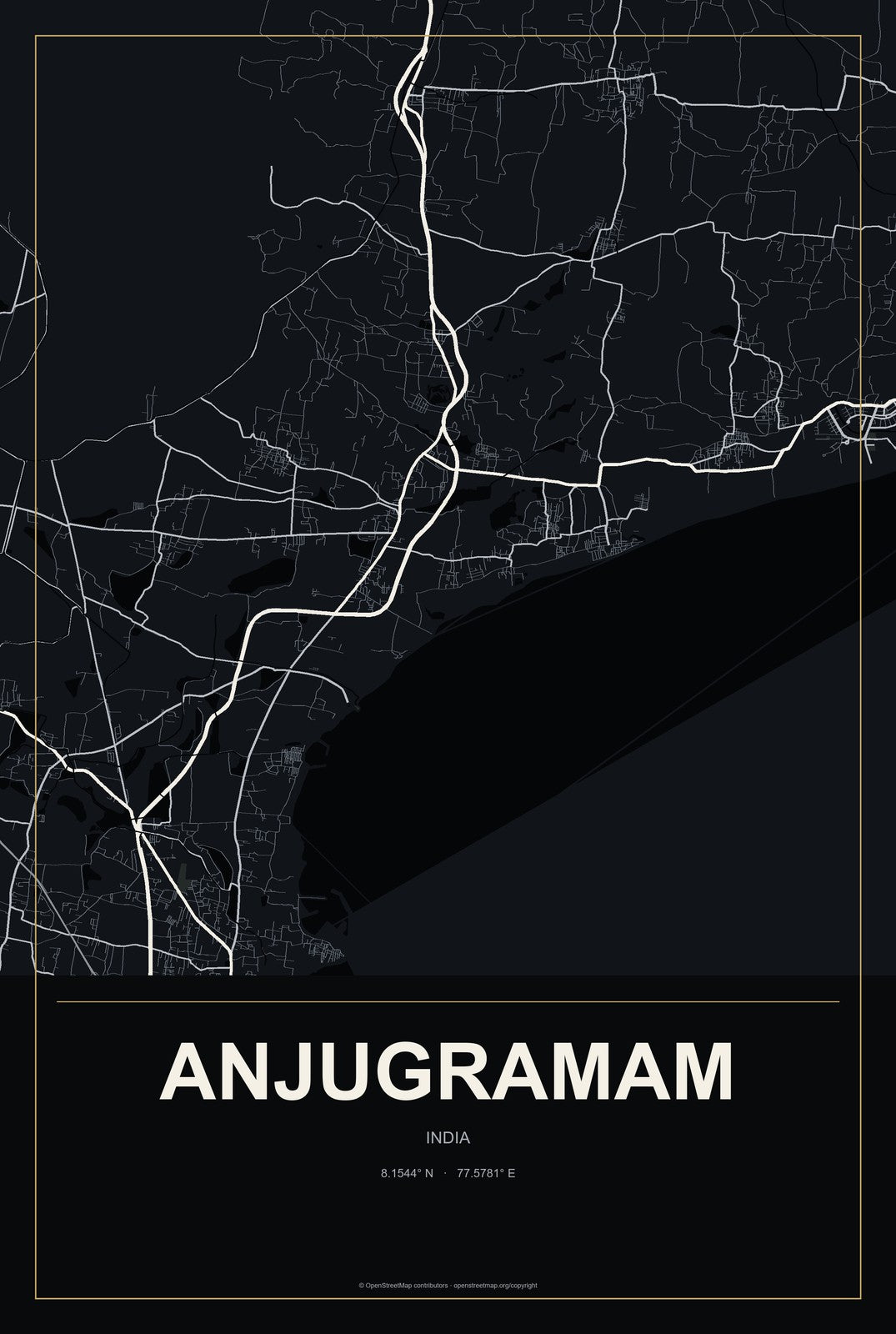 Anjugramam, India City Map Aluminum Sign in Metropolitan Noir style