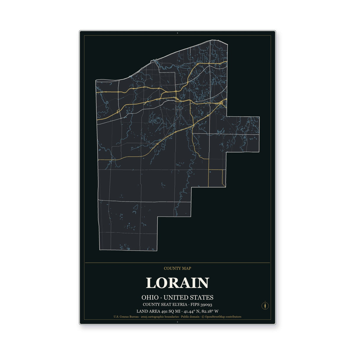 Lorain County, Ohio Map Aluminum Sign in Metropolitan Noir style