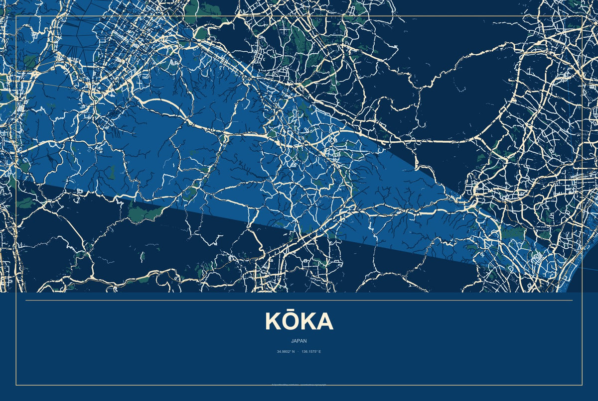 Kōka, Japan City Map Aluminum Sign in Harbor Cobalt style