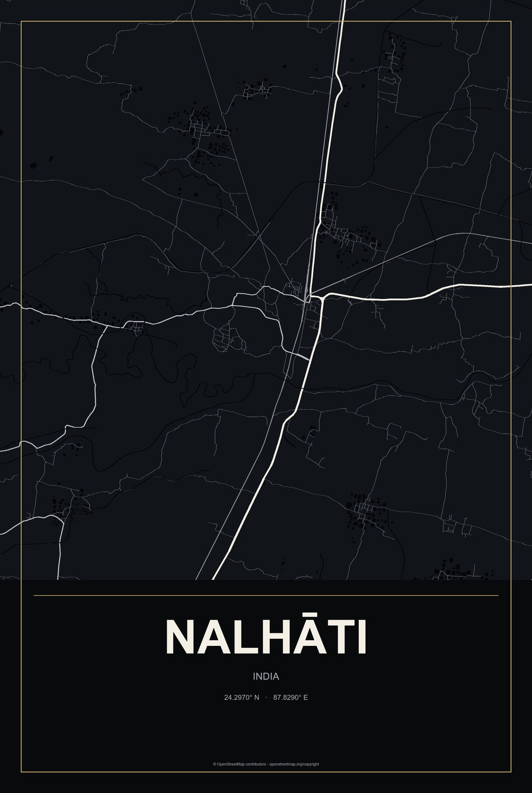 Nalhāti, India City Map Aluminum Sign in Metropolitan Noir style