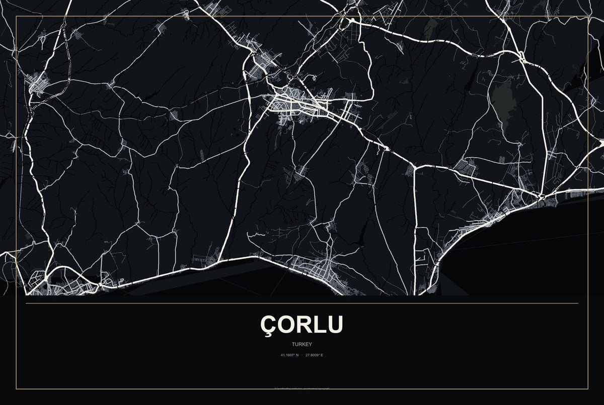 Çorlu, Turkey City Map Aluminum Sign in Metropolitan Noir style