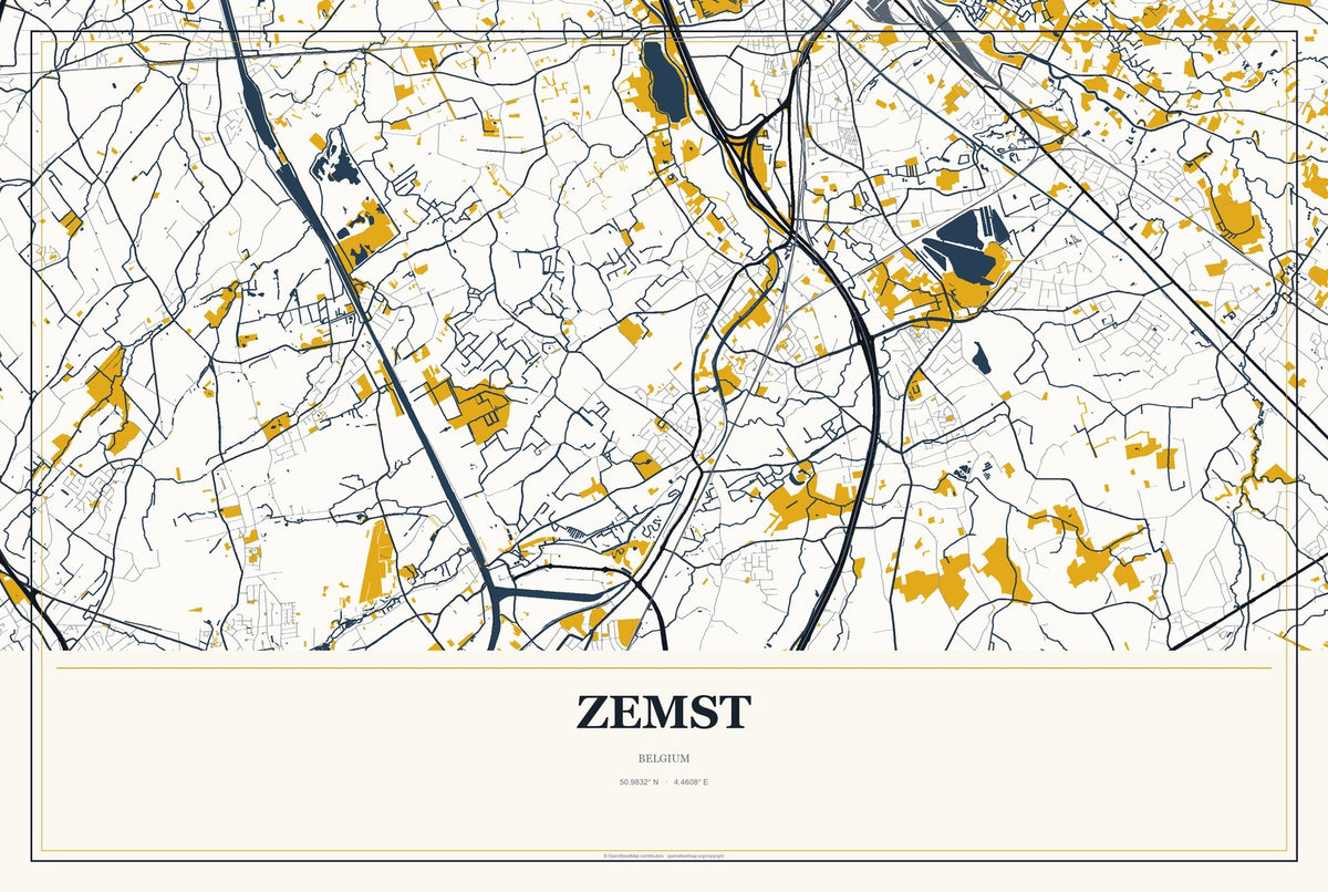 Zemst, Belgium City Map Aluminum Sign in Citrine Modern style