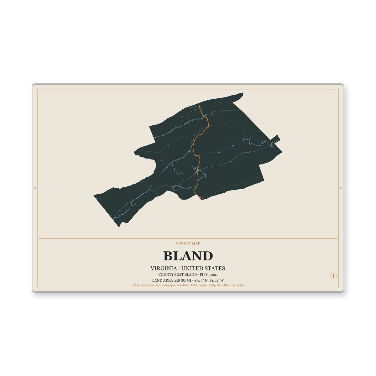 Bland County, Virginia Map Aluminum Sign in Headline Atlas style