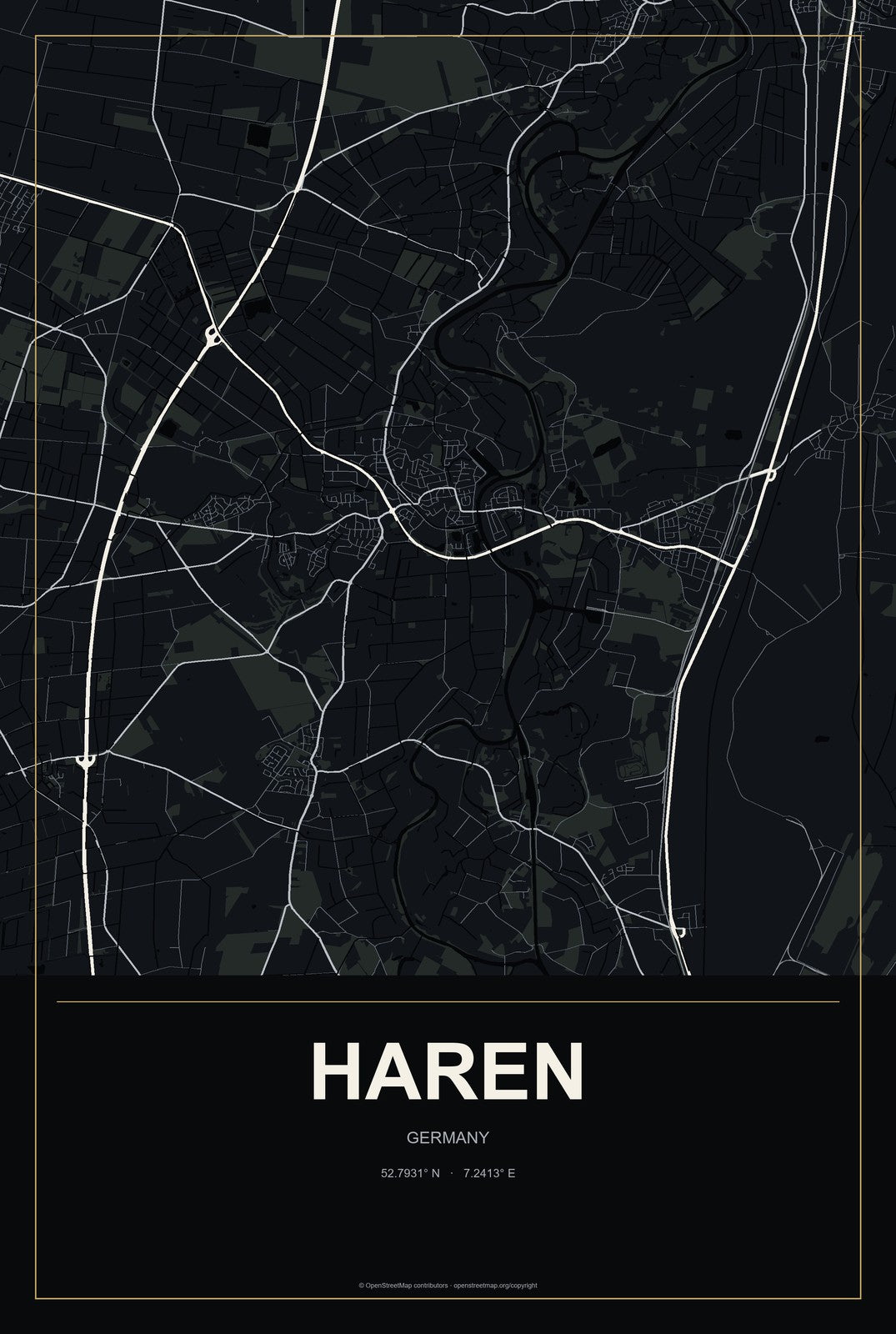 Haren, Germany City Map Aluminum Sign in Metropolitan Noir style