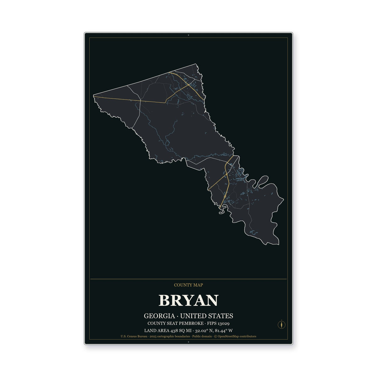 Bryan County, Georgia Map Aluminum Sign in Metropolitan Noir style