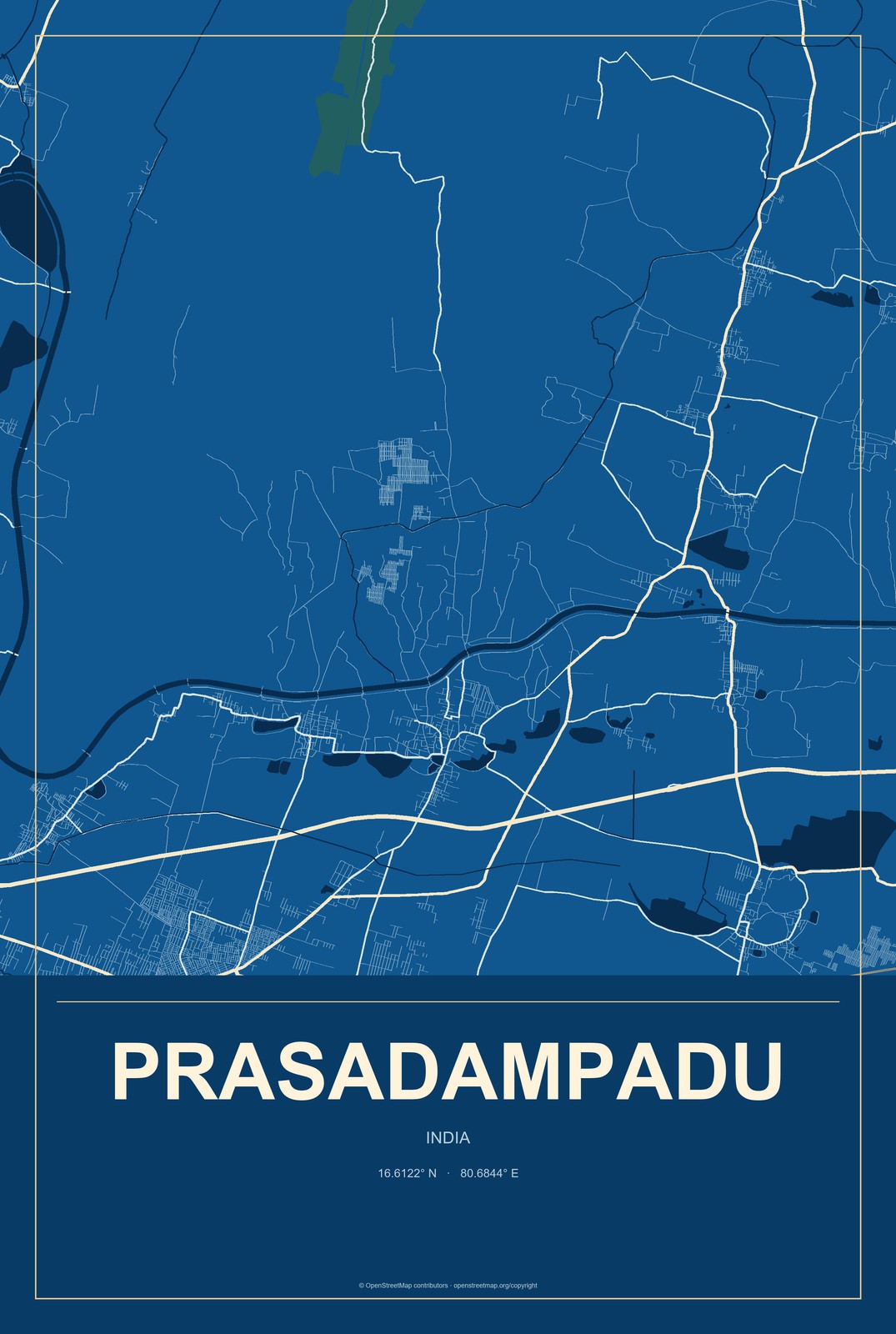 Prasadampadu, India City Map Aluminum Sign in Harbor Cobalt style