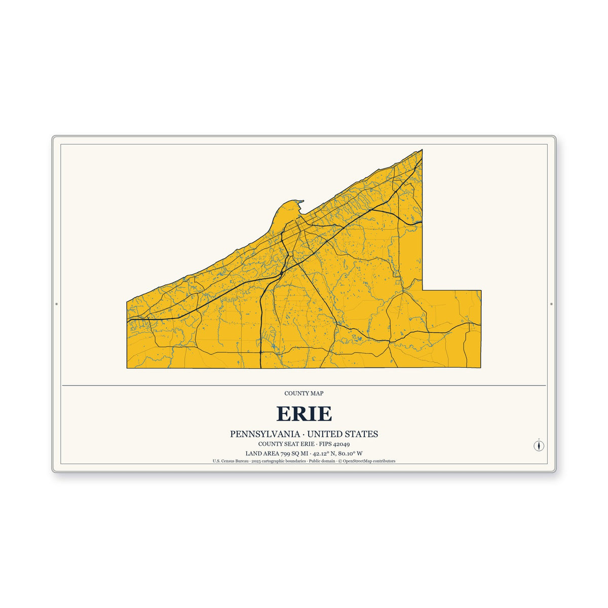 Erie County, Pennsylvania Map Aluminum Sign in Citrine Modern style