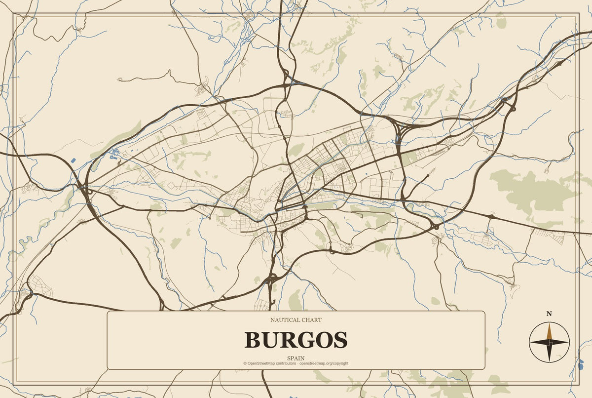 Burgos, Spain City Map Aluminum Sign in Heritage Nautical style