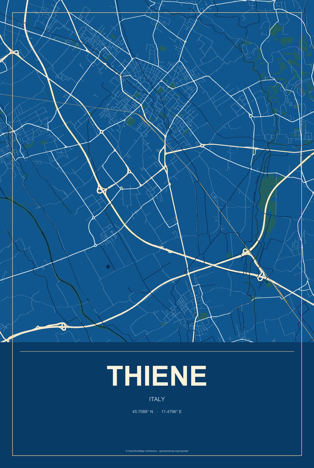 Thiene, Italy City Map Aluminum Sign in Harbor Cobalt style