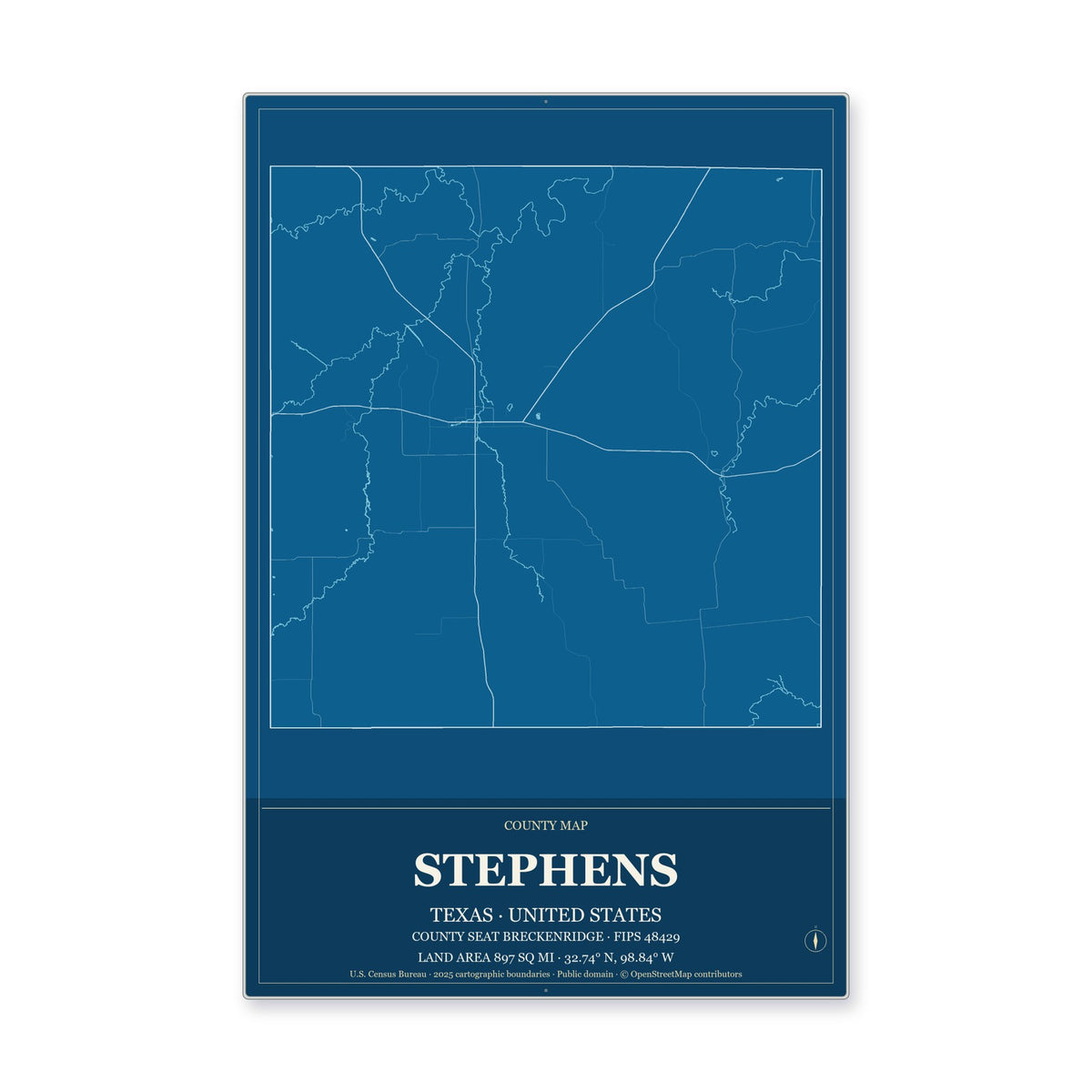 Stephens County, Texas Map Aluminum Sign in Harbor Cobalt style