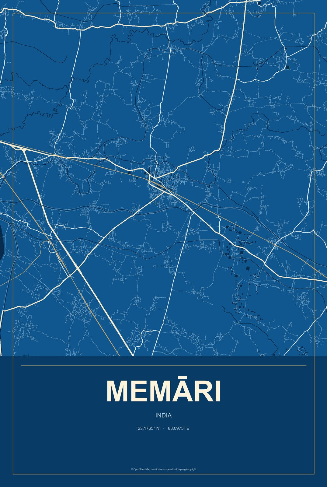 Memāri, India City Map Aluminum Sign in Harbor Cobalt style