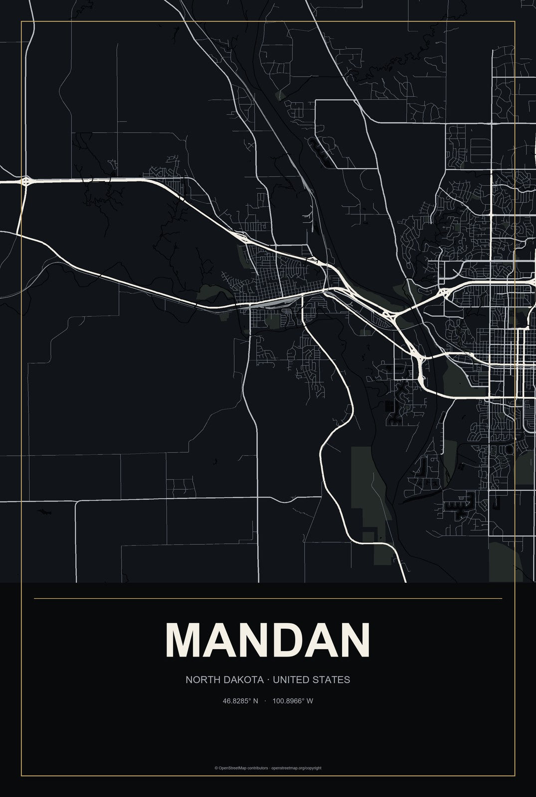 Mandan, North Dakota City Map Aluminum Sign in Metropolitan Noir style