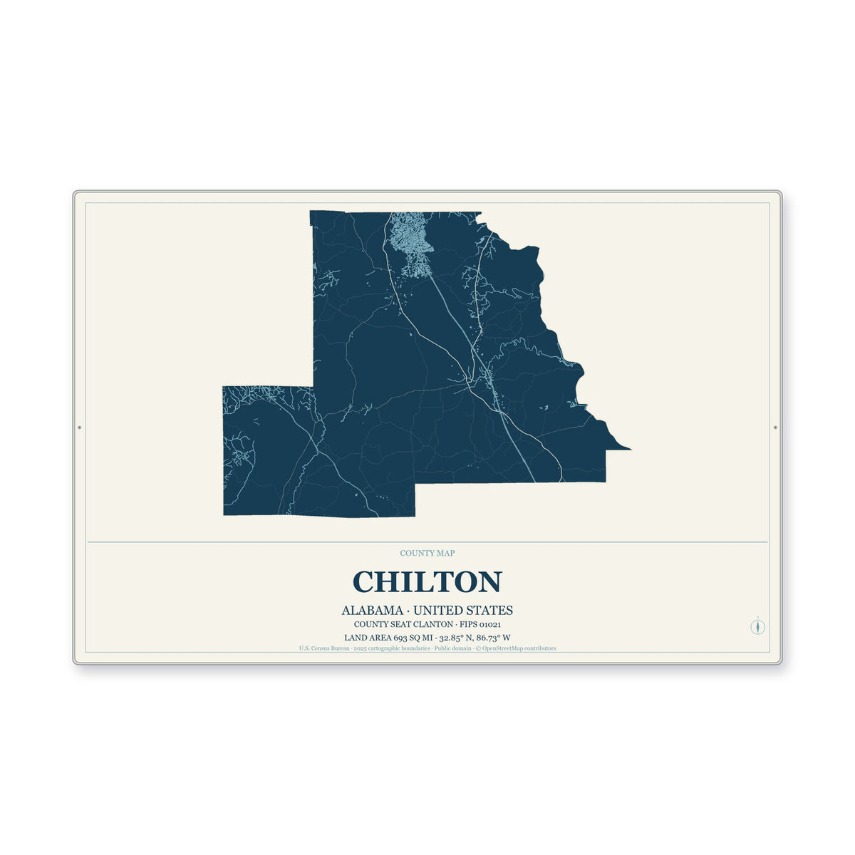 Chilton County, Alabama Map Aluminum Sign in Coastal Cutout style