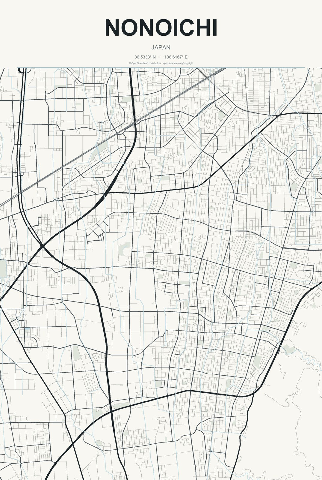 Nonoichi, Japan City Map Aluminum Sign in Headline Atlas style