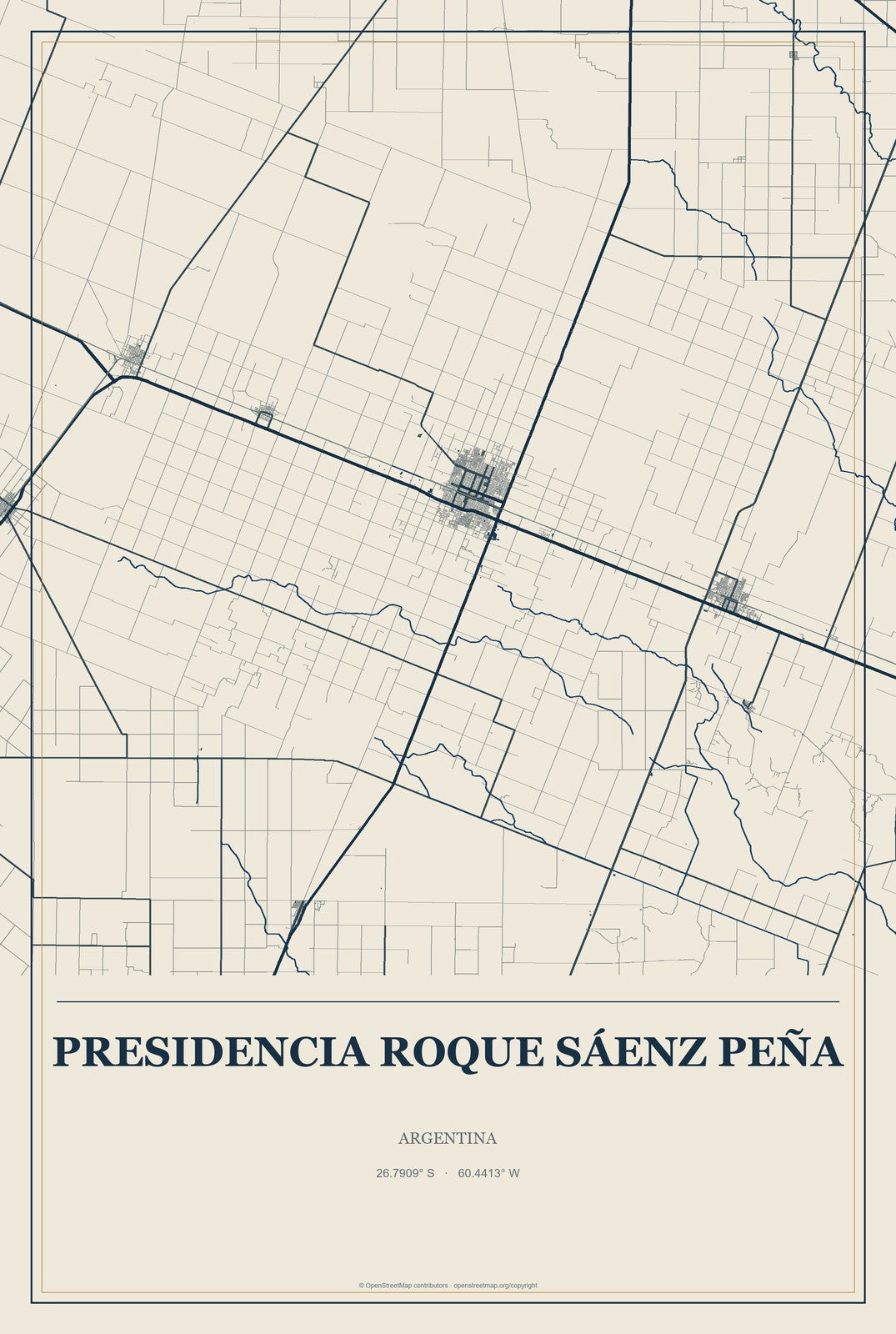 Presidencia Roque Sáenz Peña, Argentina City Map Aluminum Sign in Coastal Cutout style