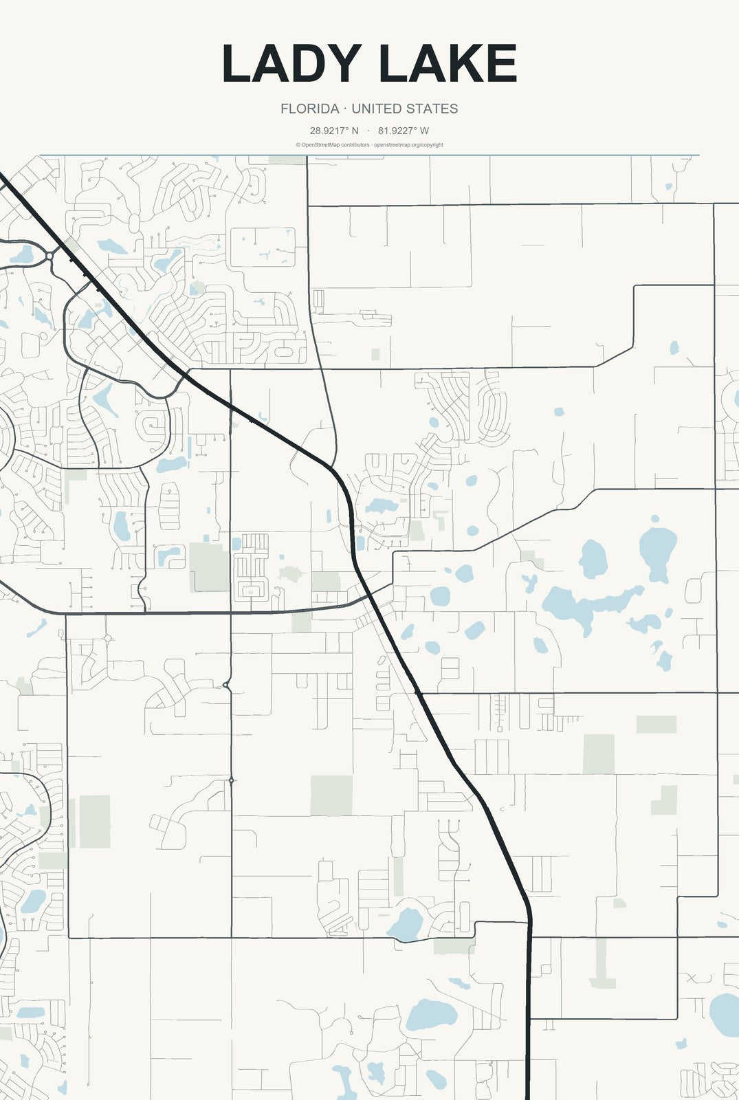Lady Lake, Florida City Map Aluminum Sign in Headline Atlas style