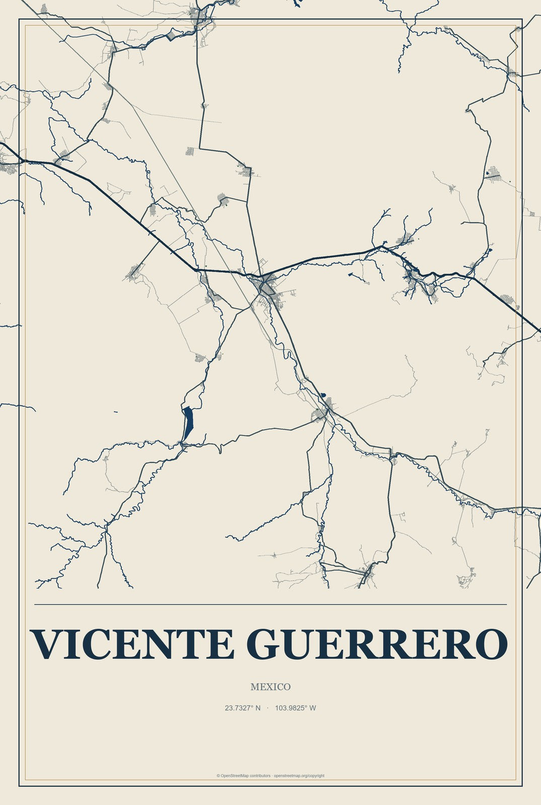 Vicente Guerrero, Oaxaca, Mexico City Map Aluminum Sign in Coastal Cutout style
