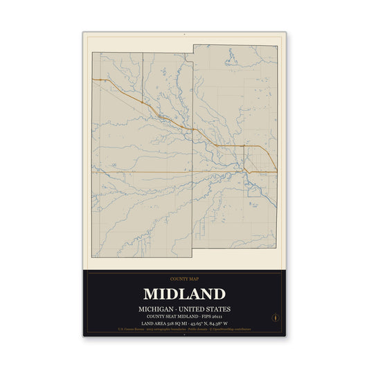 Midland County, Michigan Map Aluminum Sign in Museum Plaque style