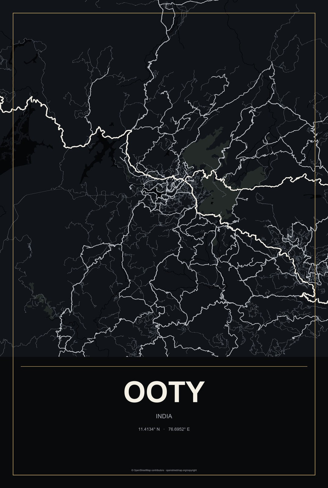 Ooty, India City Map Aluminum Sign in Metropolitan Noir style