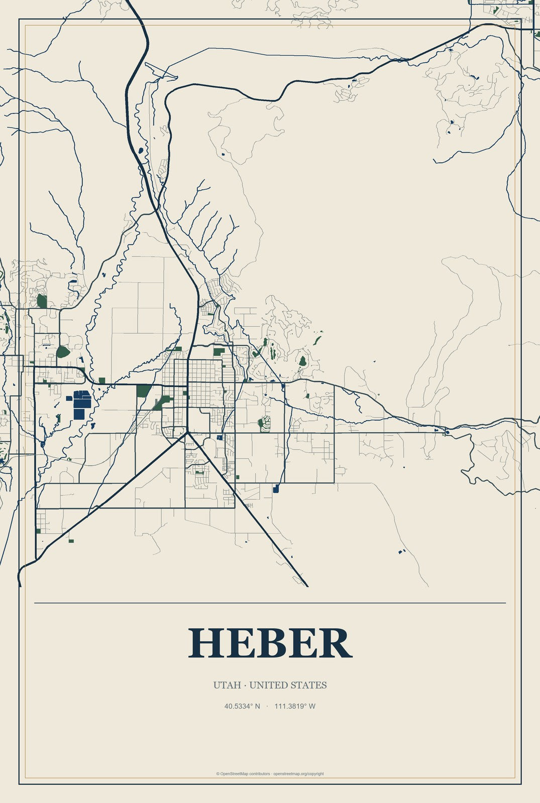 Heber, Utah City Map Aluminum Sign in Coastal Cutout style