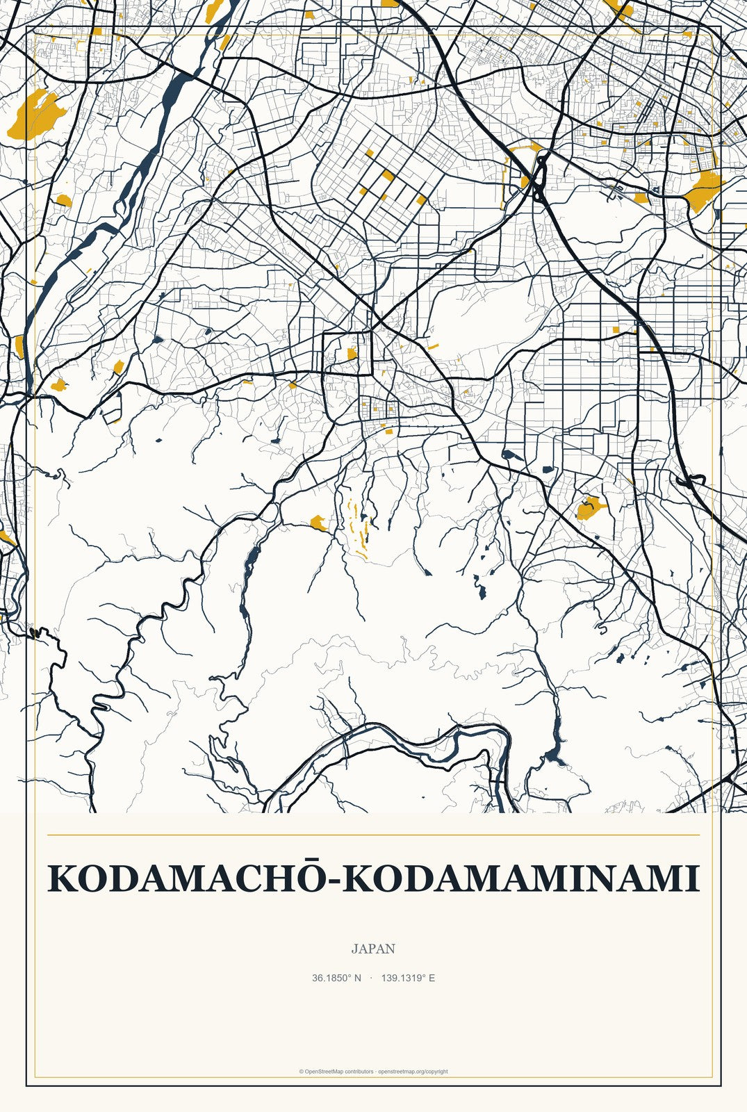 Kodamachō-kodamaminami, Japan City Map Aluminum Sign in Citrine Modern style