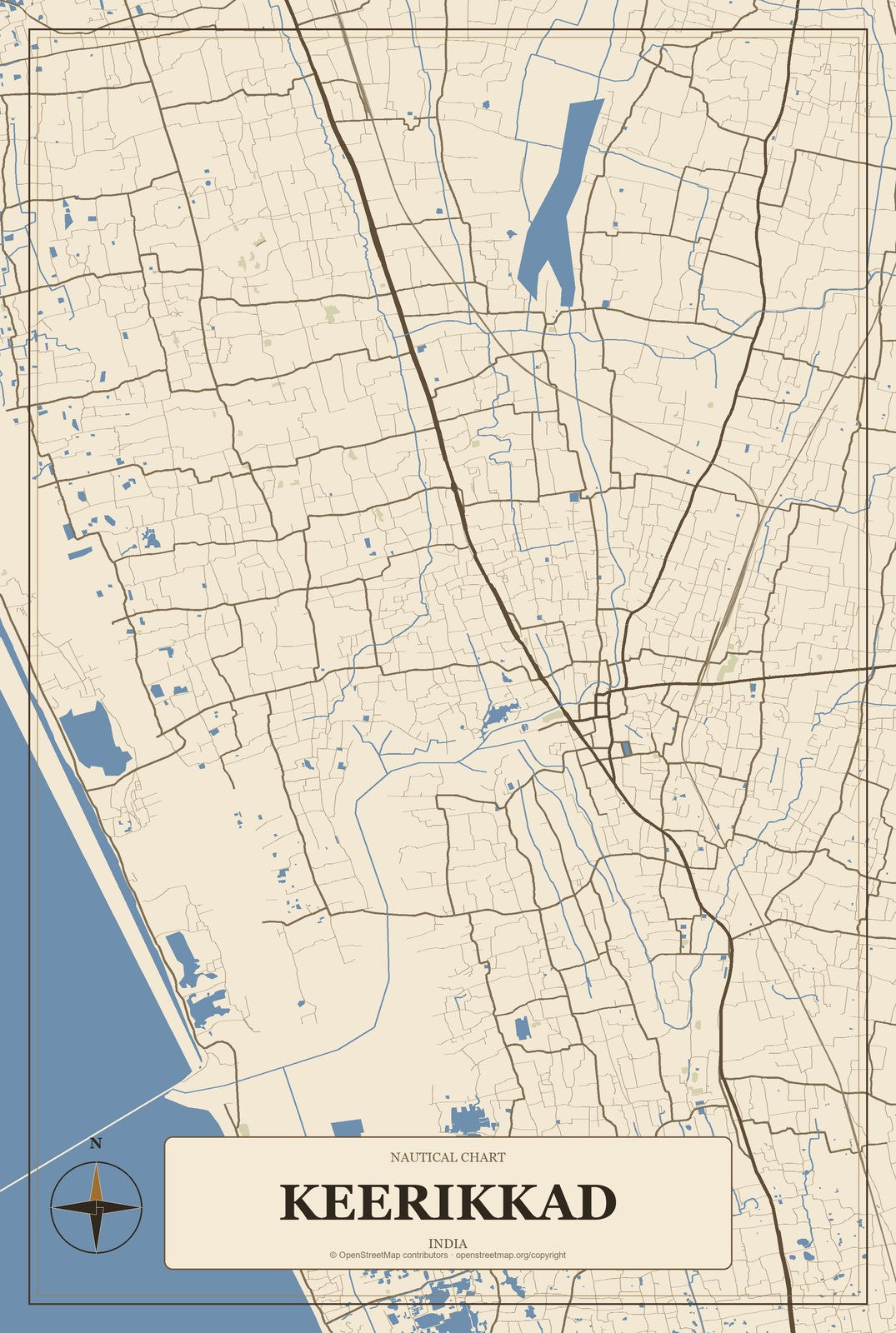 Keerikkad, India City Map Aluminum Sign in Heritage Nautical style