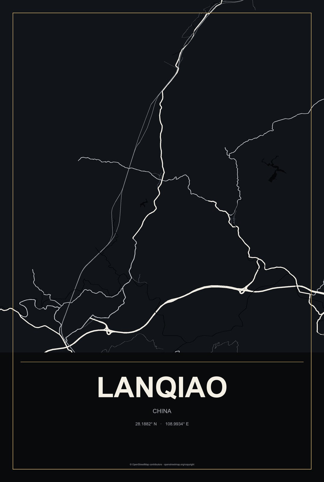 Lanqiao, China City Map Aluminum Sign in Metropolitan Noir style