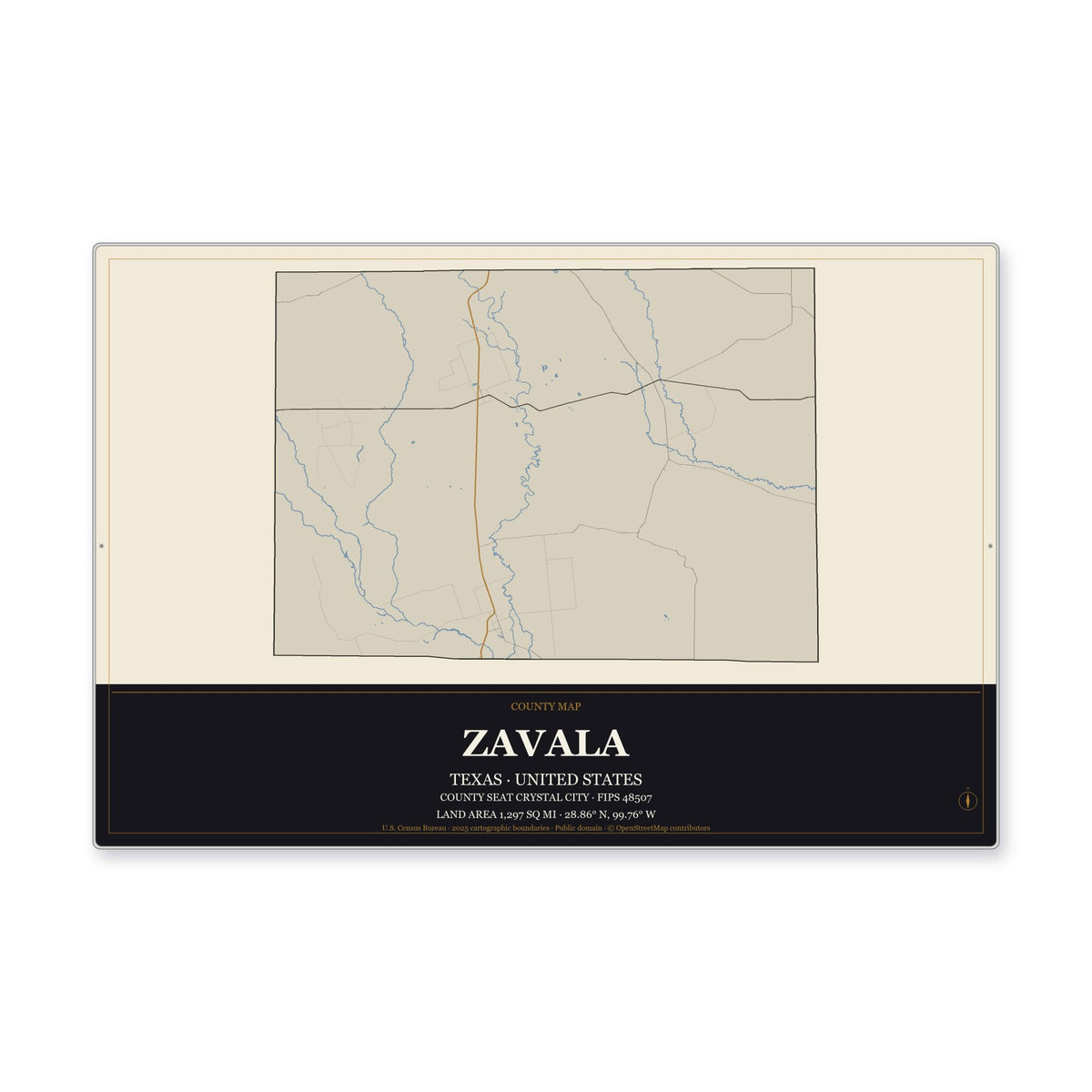 Zavala County, Texas Map Aluminum Sign in Museum Plaque style