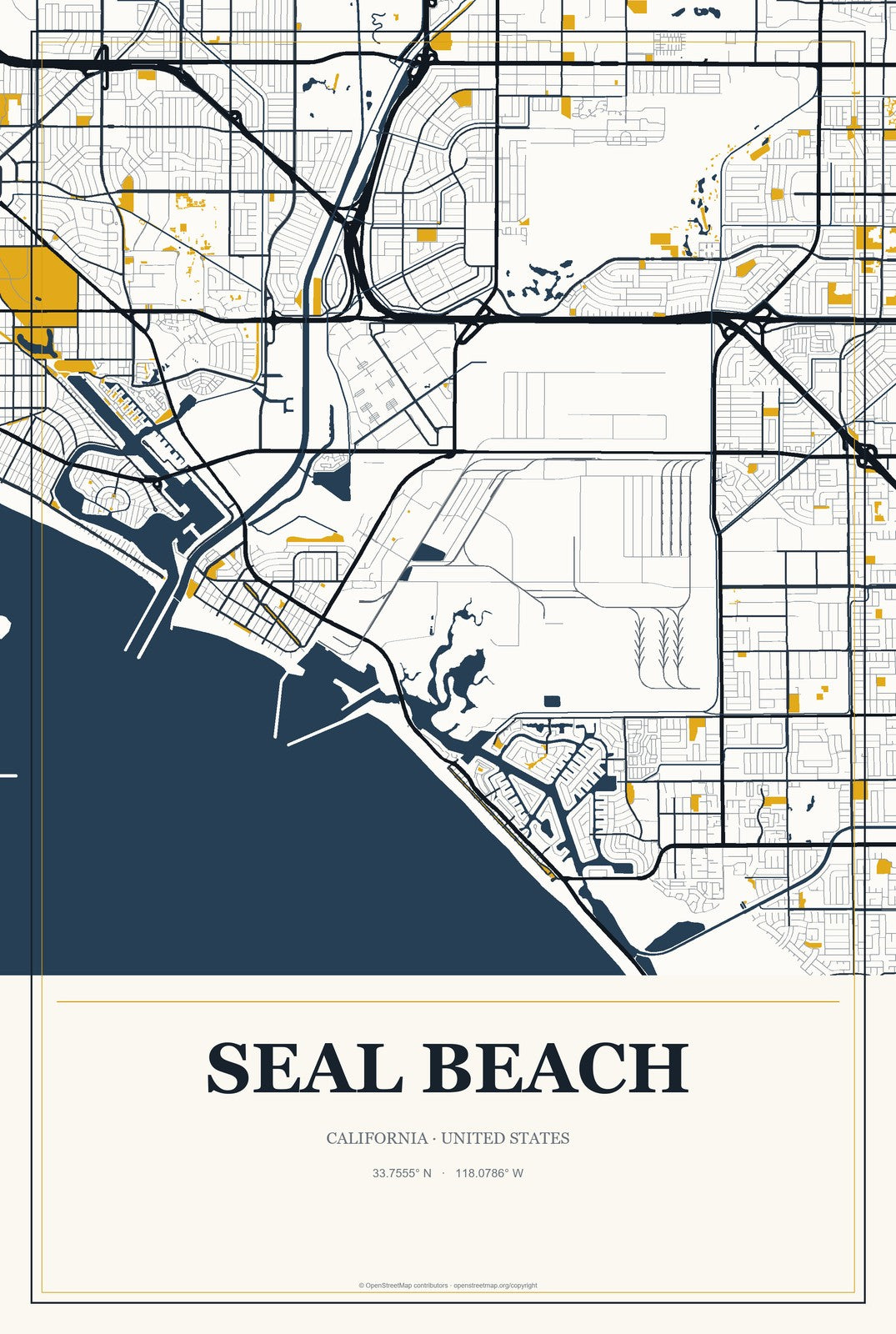Seal Beach, California City Map Aluminum Sign in Citrine Modern style