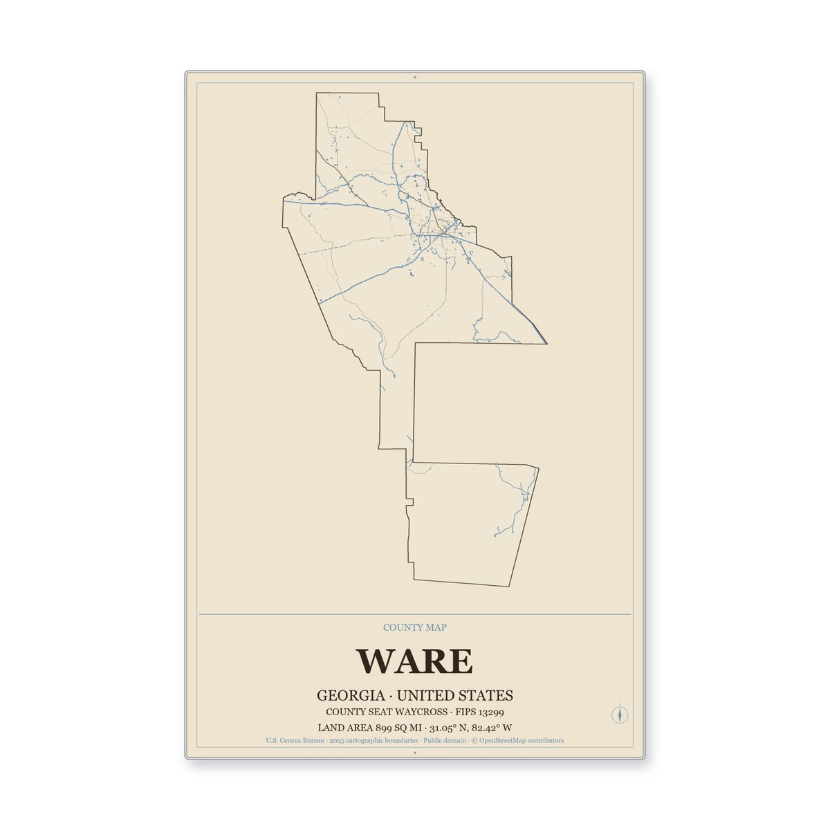 Ware County, Georgia Map Aluminum Sign in Heritage Nautical style