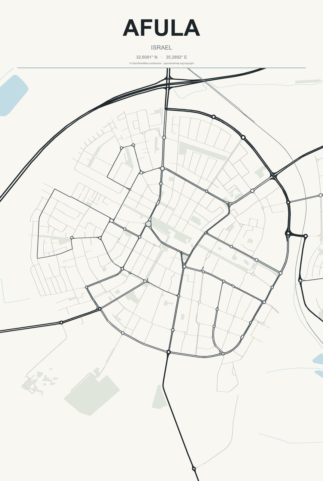 Afula, Israel City Map Aluminum Sign in Headline Atlas style