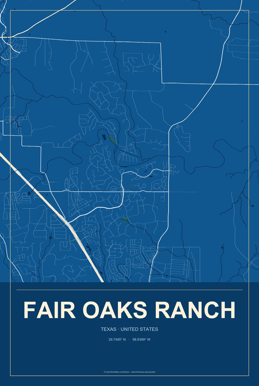 Fair Oaks Ranch, Texas City Map Aluminum Sign in Harbor Cobalt style