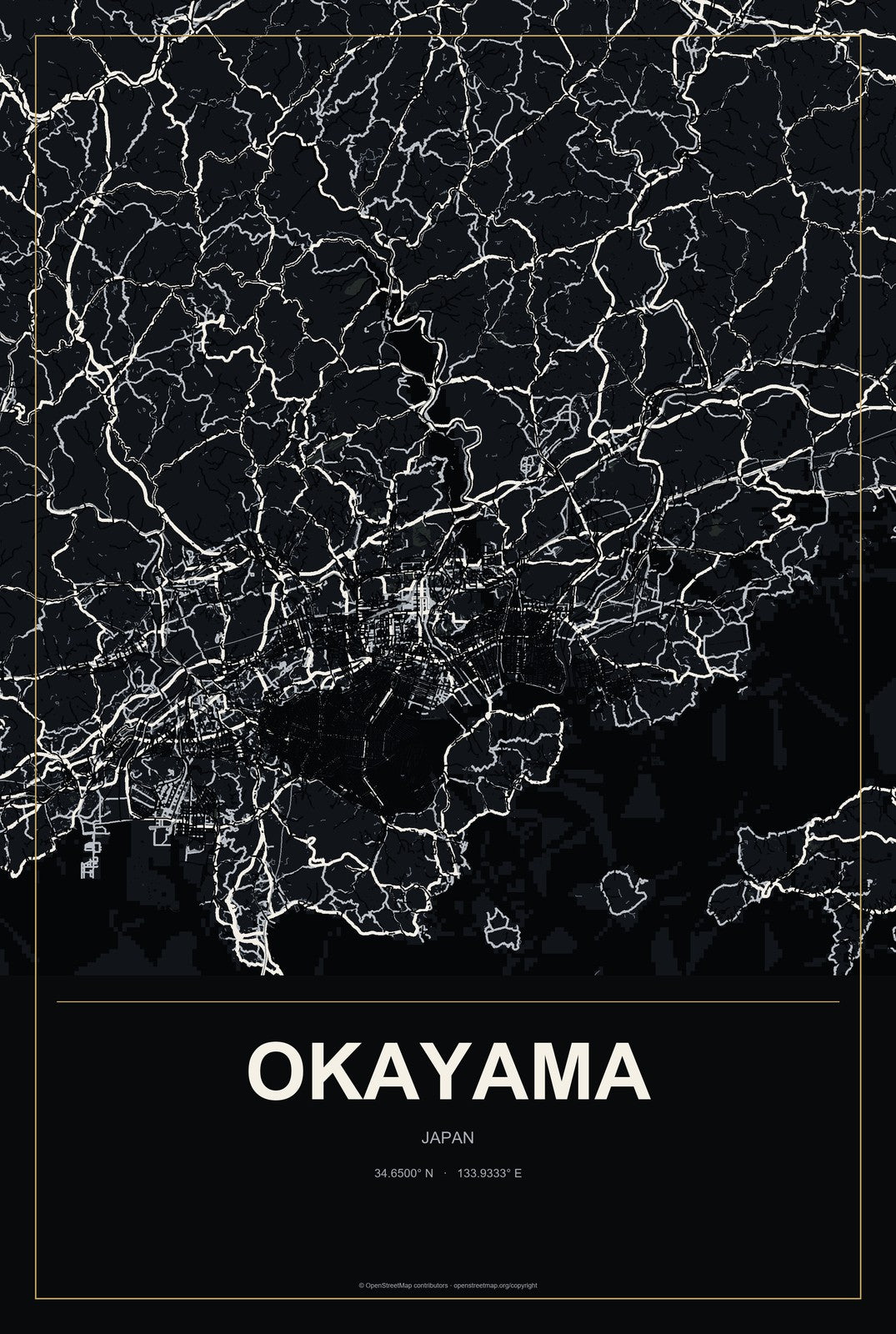 Okayama, Japan City Map Aluminum Sign in Metropolitan Noir style