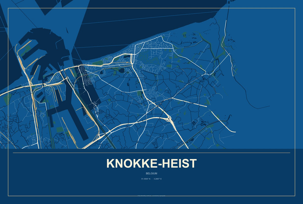 Knokke-Heist, Belgium City Map Aluminum Sign in Harbor Cobalt style