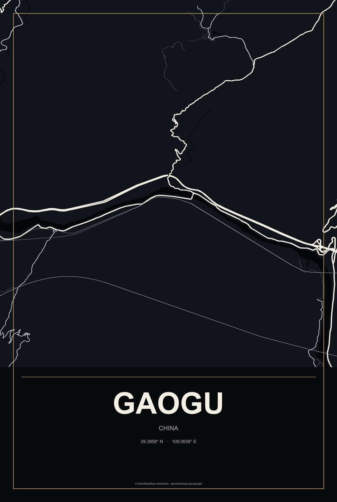 Gaogu, China City Map Aluminum Sign in Metropolitan Noir style
