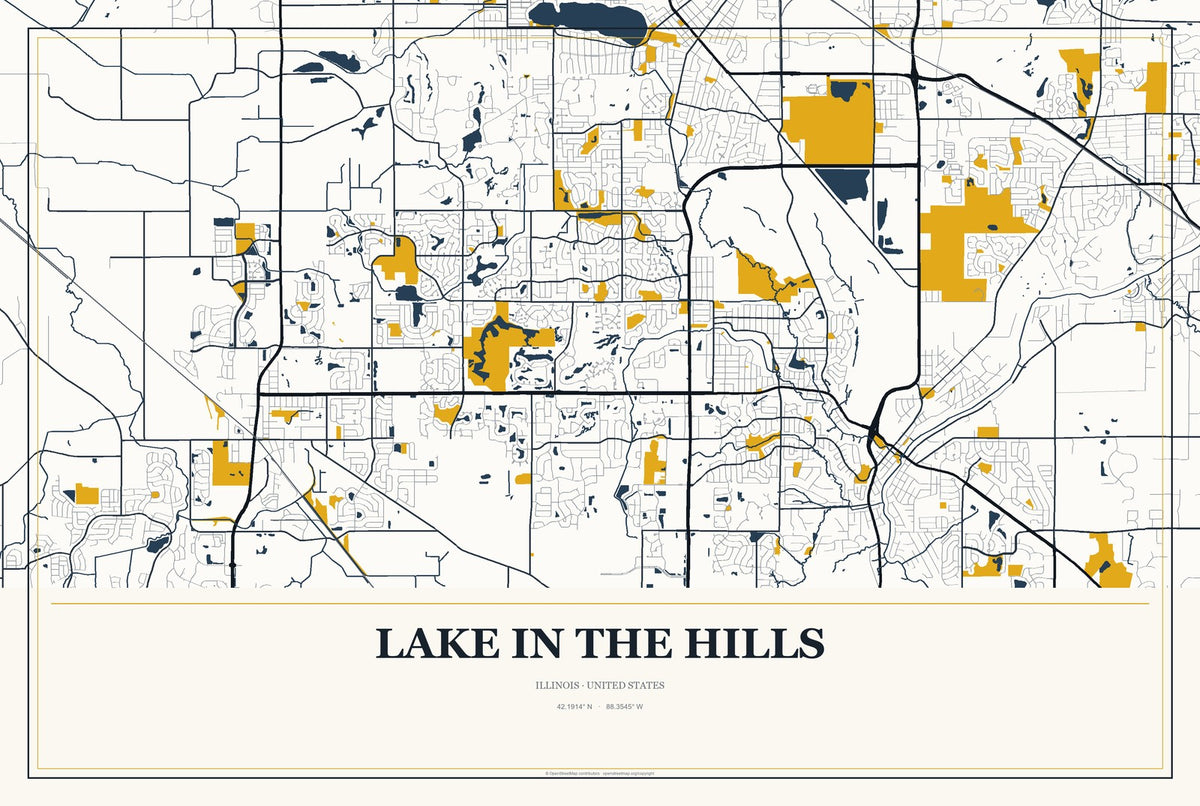 Lake in the Hills, Illinois City Map Aluminum Sign in Citrine Modern style
