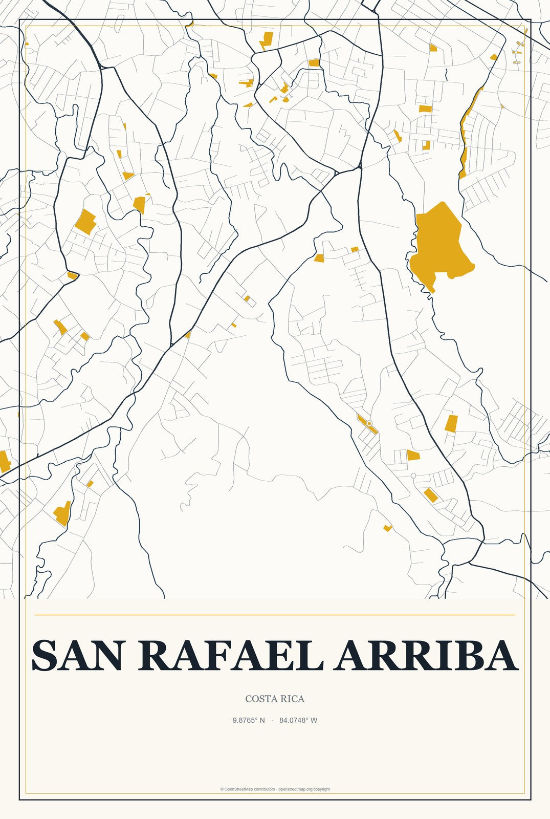 San Rafael Arriba, Costa Rica City Map Aluminum Sign in Citrine Modern style