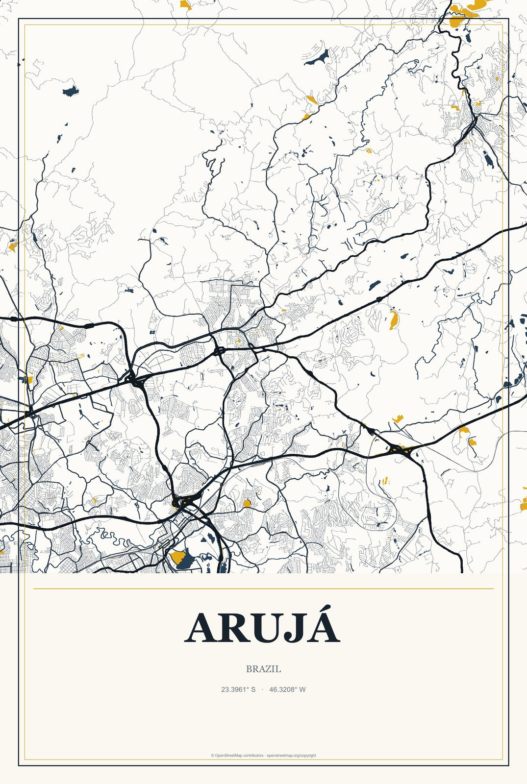 Arujá, Brazil City Map Aluminum Sign in Citrine Modern style