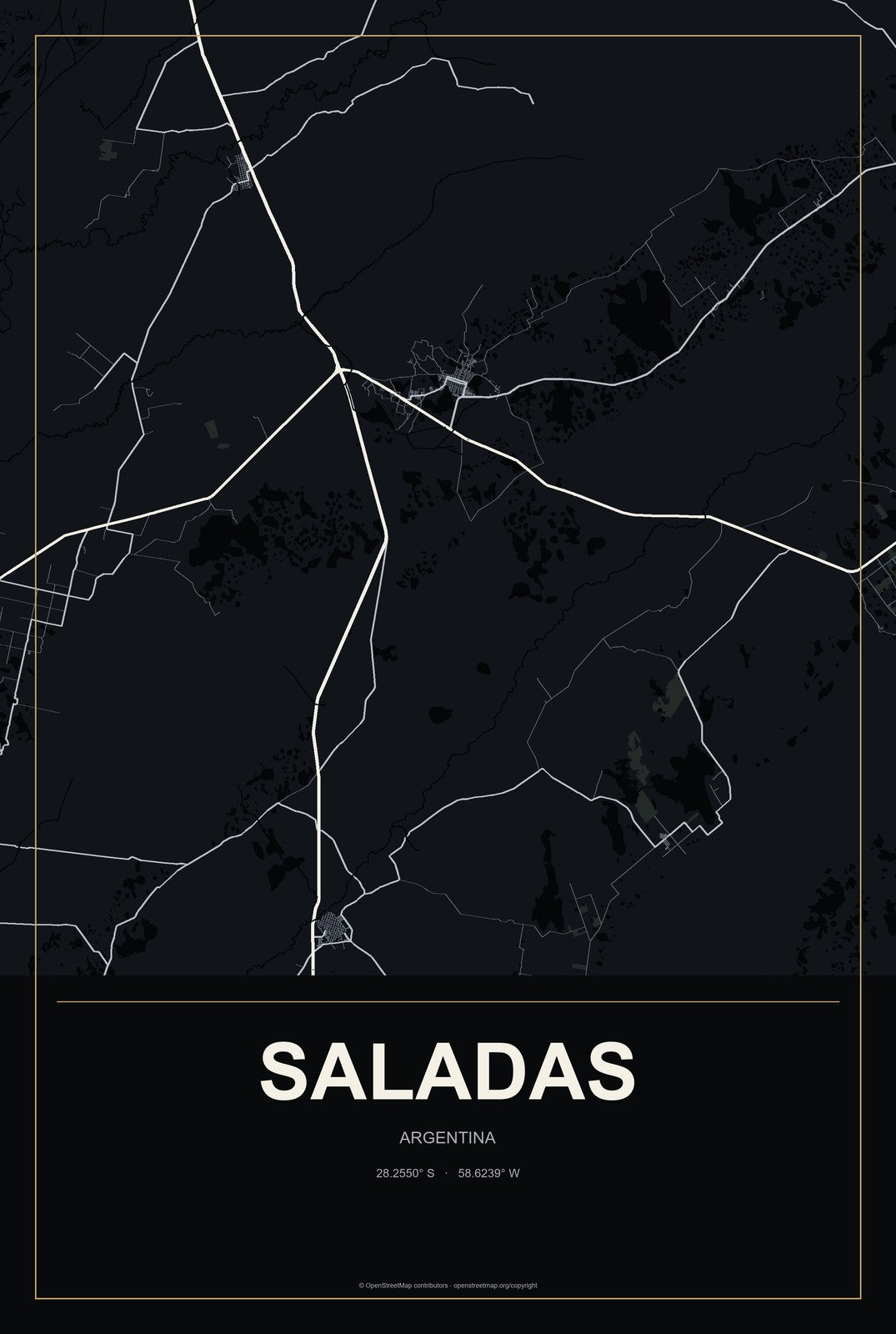 Saladas, Argentina City Map Aluminum Sign in Metropolitan Noir style