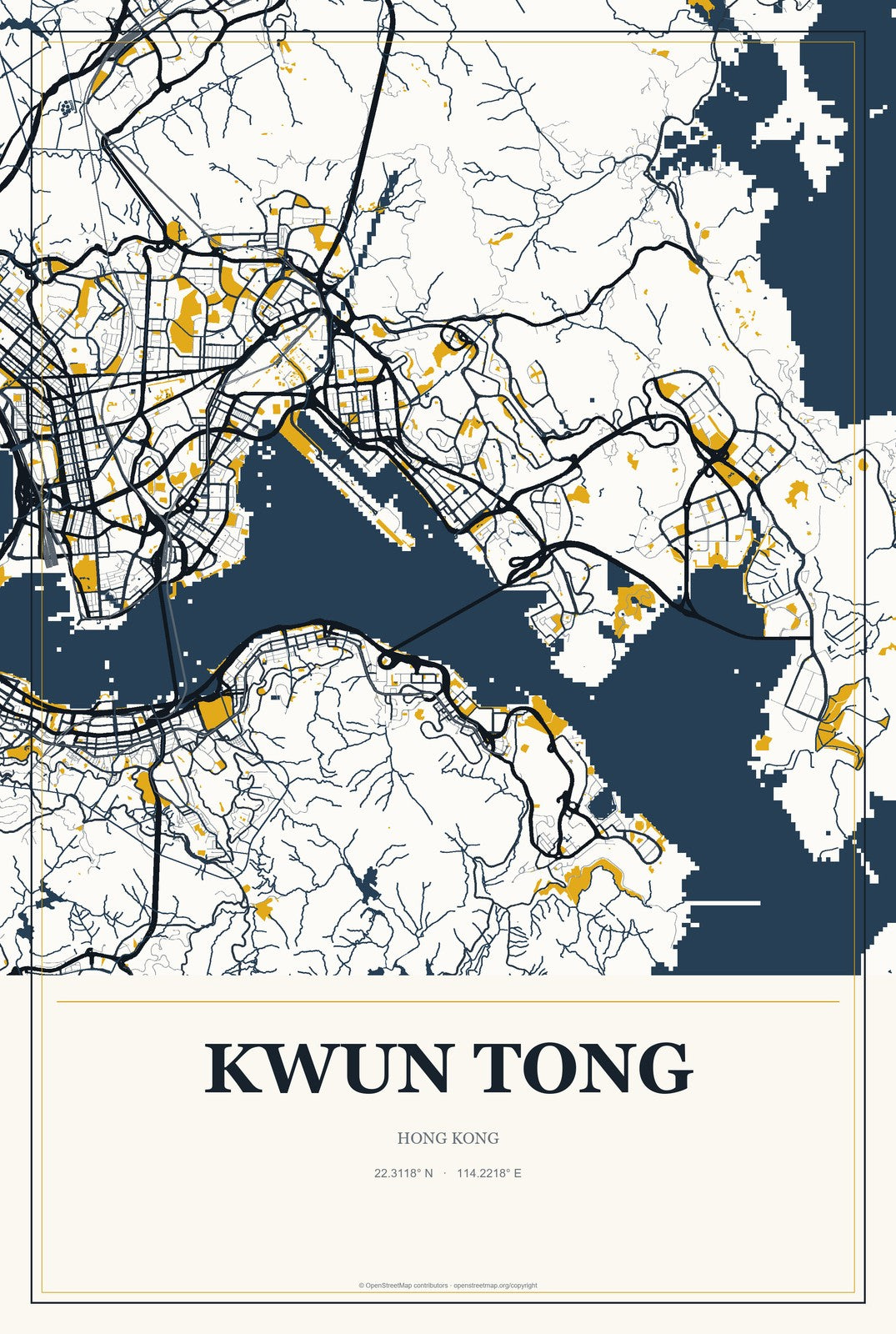 Kwun Tong, Hong Kong City Map Aluminum Sign in Citrine Modern style