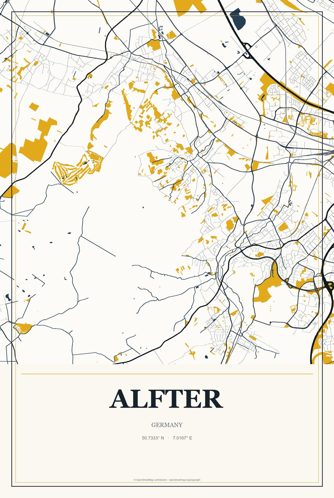 Alfter, Germany City Map Aluminum Sign in Citrine Modern style