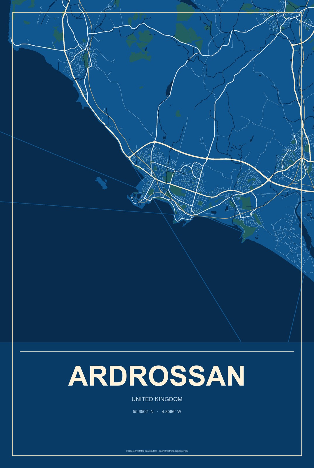 Ardrossan, United Kingdom City Map Aluminum Sign in Harbor Cobalt style