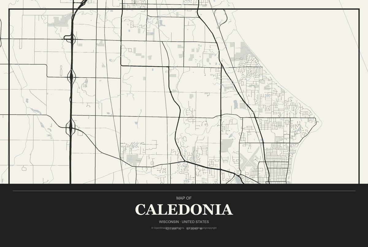 Caledonia, Wisconsin City Map Aluminum Sign in Museum Plaque style